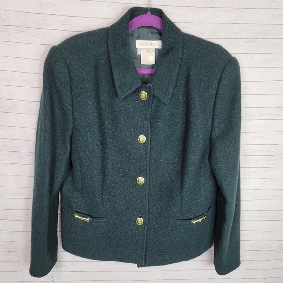 ESCADA BY MARGARETHA LEY VINTAGEEMERALD GREEN WOOL BOUCLE JACKET SZ 44